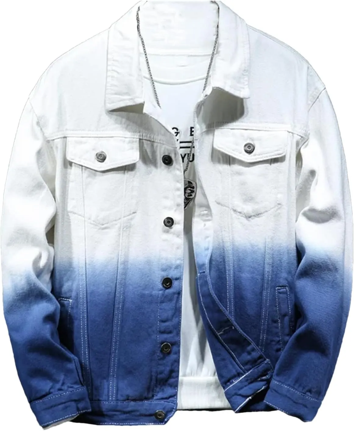 Men's Gradient Ripped Denim Jacket Single-Breasted Washed Aviator Trucker Jacket