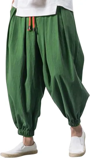 Mens Hippie Harem Pants Casual Elastic Drawstring Tapered Pants Solid Color Baggy Yoga Drop Crotch Trouser