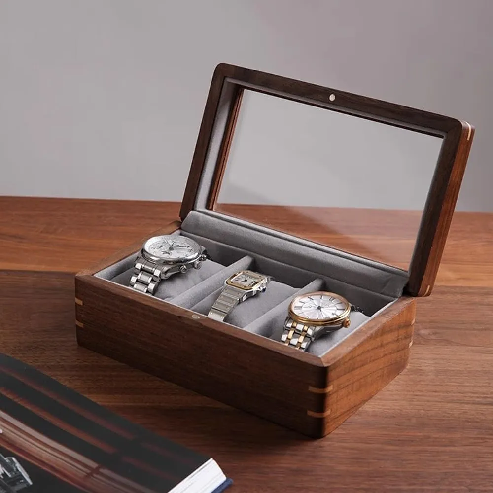 Mens Jewellery Box Watch Box, Men's Watch Display Collection Box, for Loved Ones, Fathers, Grandfathers, Watch Box for Storage and Display with Glass Top(Black Walnut Wood) Watch Gift