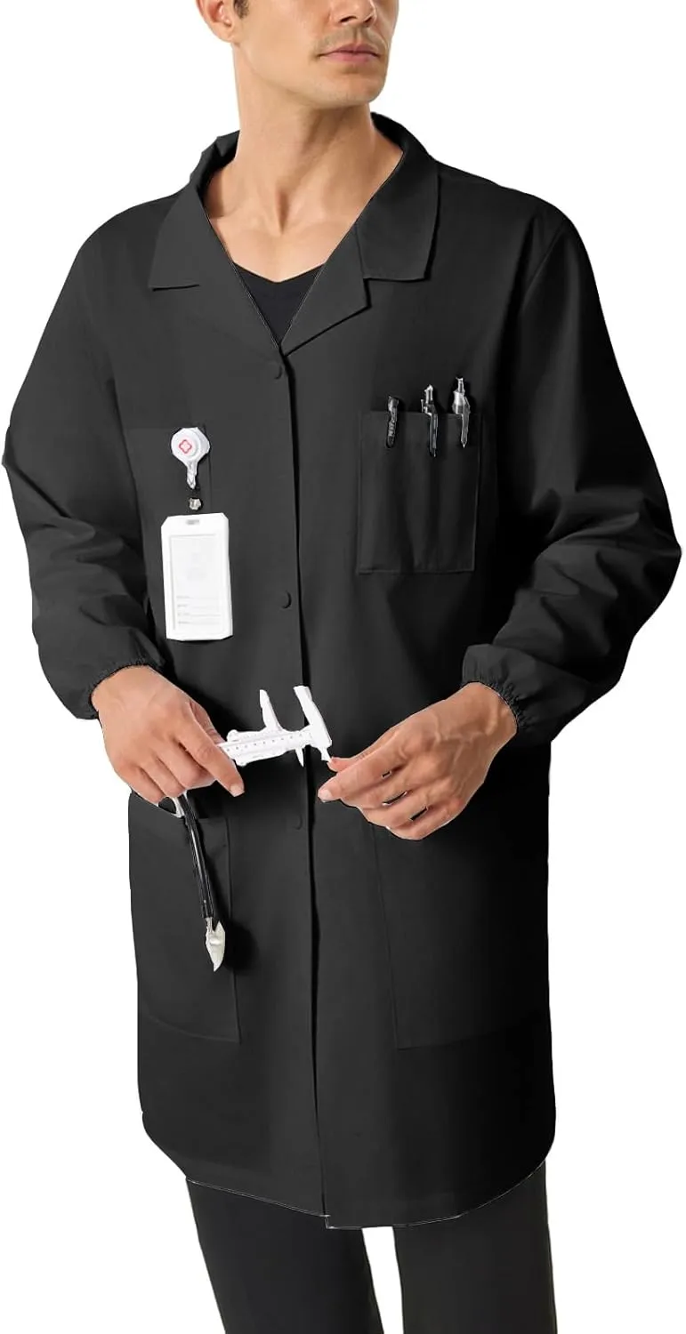 Men's Lab Coats Snap Closure 4 Pockets Elastic Cuffs Professional Medicas Long Sleeve Labcoats Scientist College