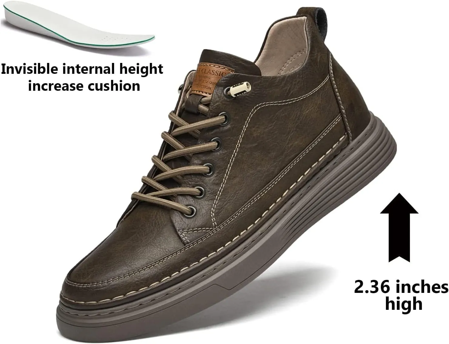Men's Leather Casual Oxfords Shoes,Invisible Height Increasing Non-Slip Softsole Lace-Up Fashion Sneaker Dress Shoes