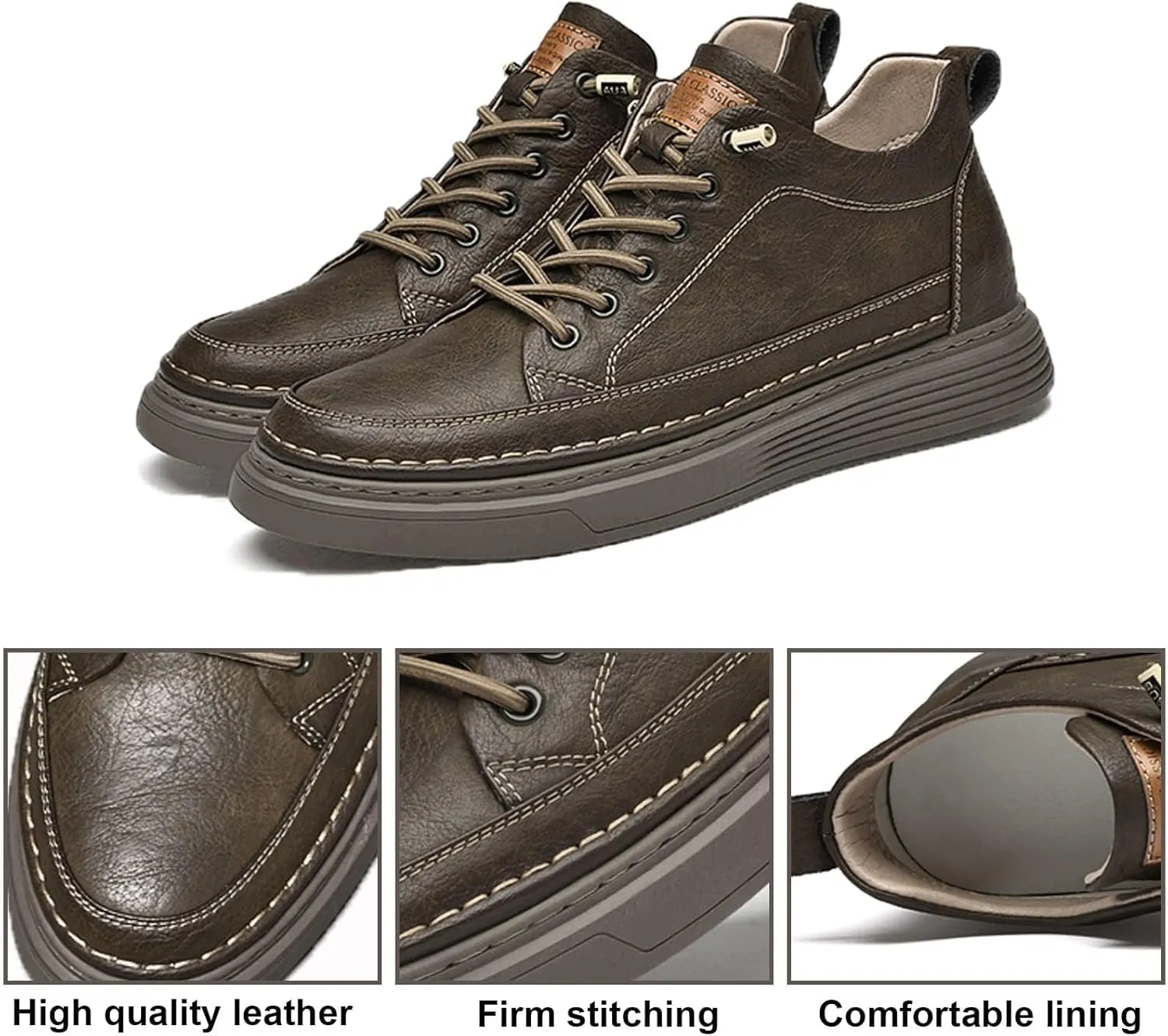 Men's Leather Casual Oxfords Shoes,Invisible Height Increasing Non-Slip Softsole Lace-Up Fashion Sneaker Dress Shoes
