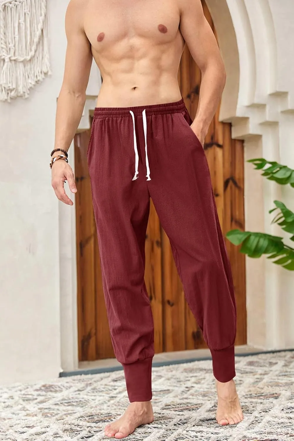 Mens Linen Harem Pants Lightweight Drawstring Elastic Waist Baggy Joggers Casual Cargo Sweatpants Pant