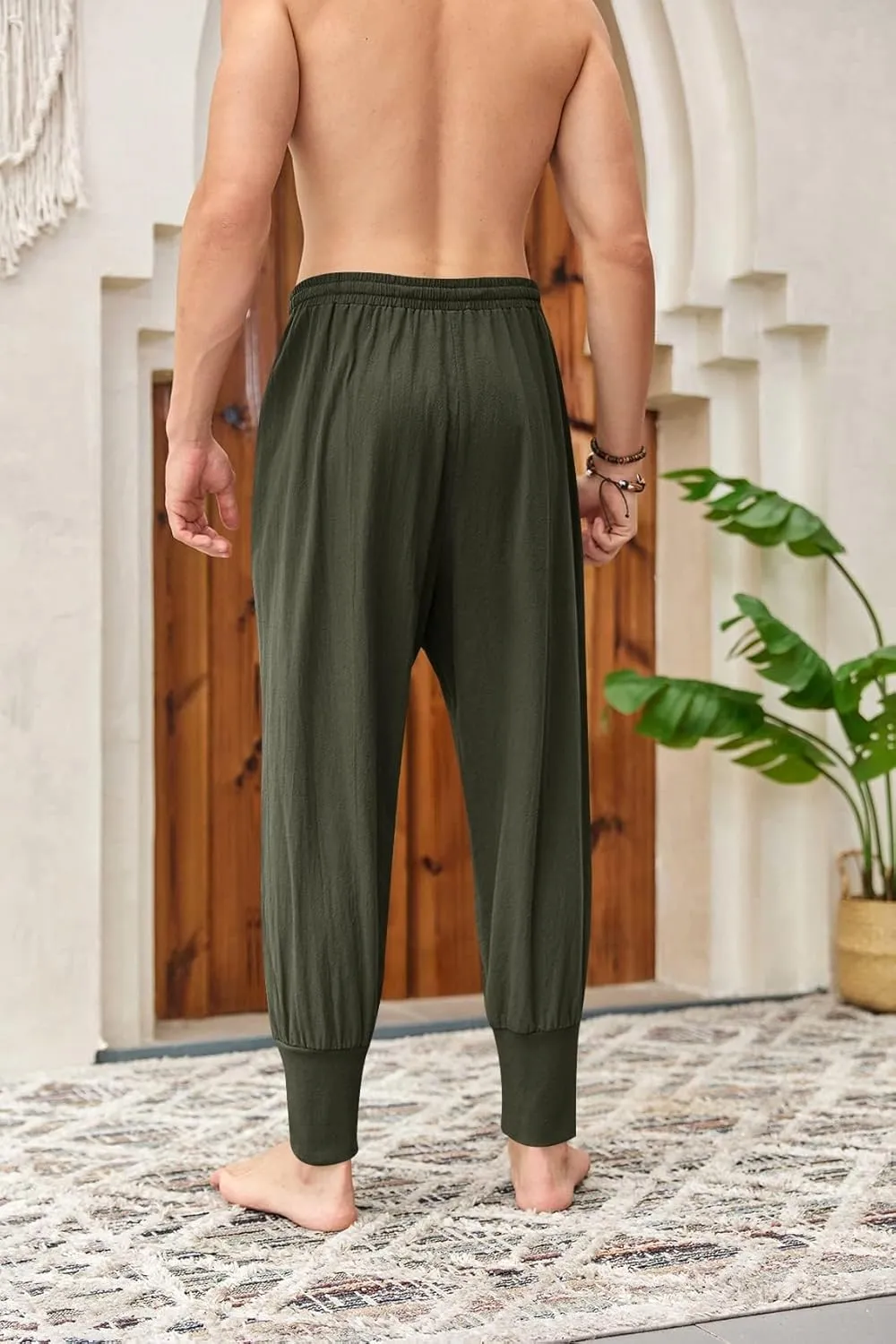 Mens Linen Harem Pants Lightweight Drawstring Elastic Waist Baggy Joggers Casual Cargo Sweatpants Pant