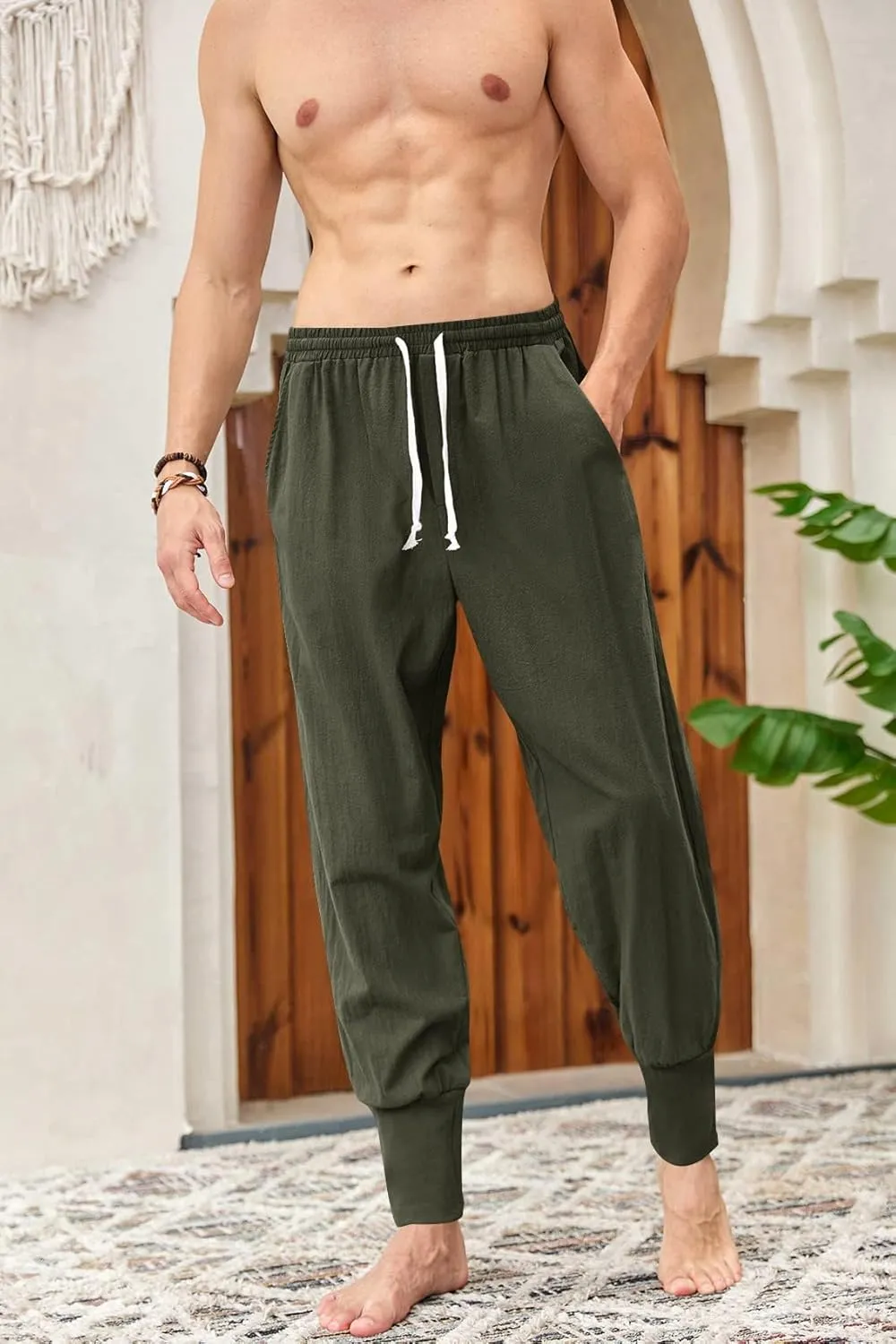 Mens Linen Harem Pants Lightweight Drawstring Elastic Waist Baggy Joggers Casual Cargo Sweatpants Pant