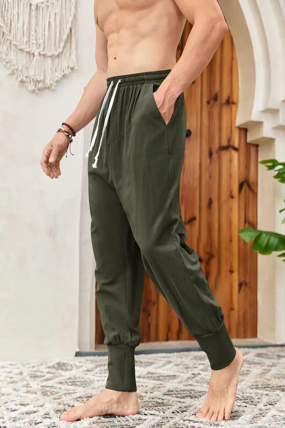 Mens Linen Harem Pants Lightweight Drawstring Elastic Waist Baggy Joggers Casual Cargo Sweatpants Pant