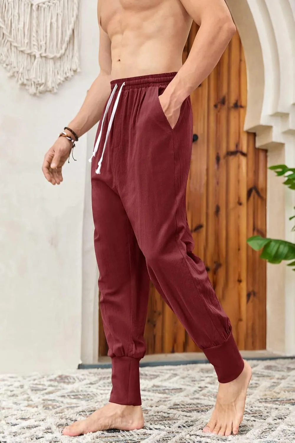 Mens Linen Harem Pants Lightweight Drawstring Elastic Waist Baggy Joggers Casual Cargo Sweatpants Pant