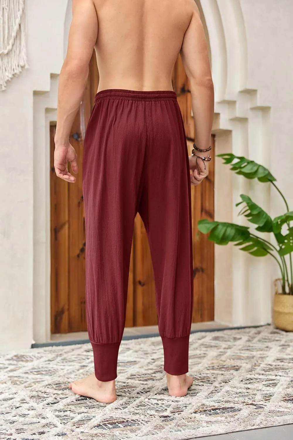 Mens Linen Harem Pants Lightweight Drawstring Elastic Waist Baggy Joggers Casual Cargo Sweatpants Pant