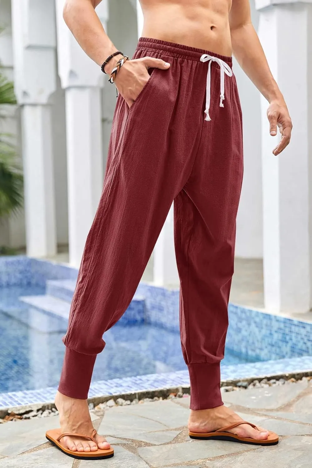 Mens Linen Harem Pants Lightweight Drawstring Elastic Waist Baggy Joggers Casual Cargo Sweatpants Pant