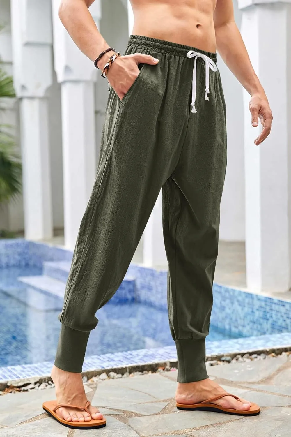 Mens Linen Harem Pants Lightweight Drawstring Elastic Waist Baggy Joggers Casual Cargo Sweatpants Pant