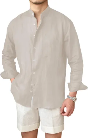 Men’s Linen Shirts Casual Long Sleeve Buttons Down Solid Shirt Summer Beach
