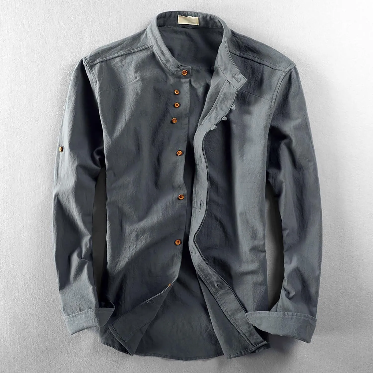 Men's Long Sleeved Shirt Casual Linen Retro Chinese Slim Stand Up Collar Slim Shirt Jacket Button Down Collar