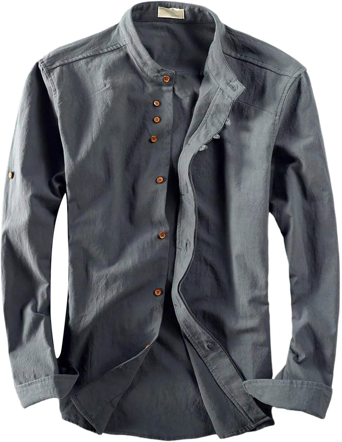 Men's Long Sleeved Shirt Casual Linen Retro Chinese Slim Stand Up Collar Slim Shirt Jacket Button Down Collar