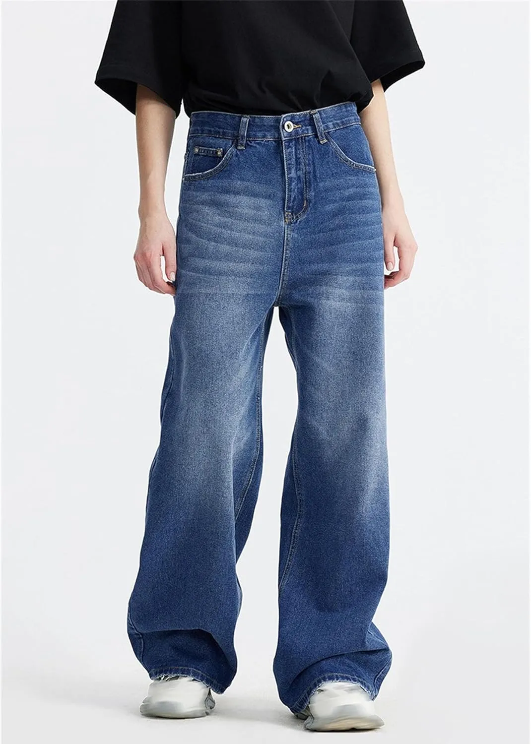 Men's Loose Hip Hop Jeans Straight Retro Relaxed Fit Denim Pants Classic Vintage Plain Washed Baggy Jean