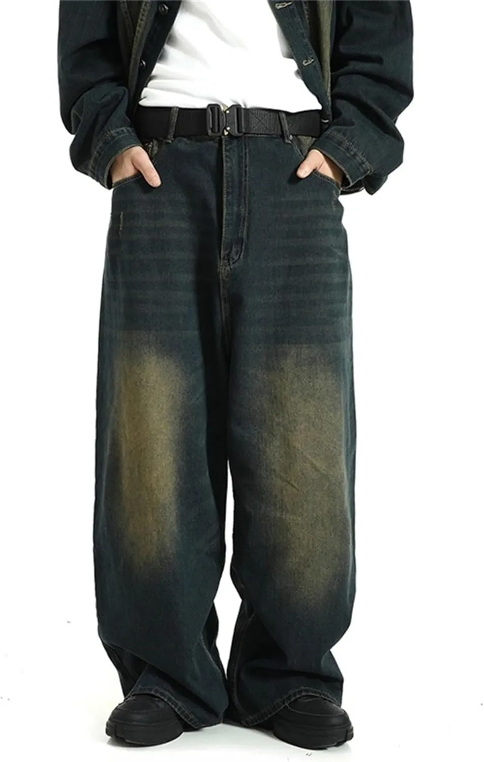 Men's Loose Hip Hop Jeans Straight Retro Relaxed Fit Denim Pants Classic Vintage Plain Washed Baggy Jean
