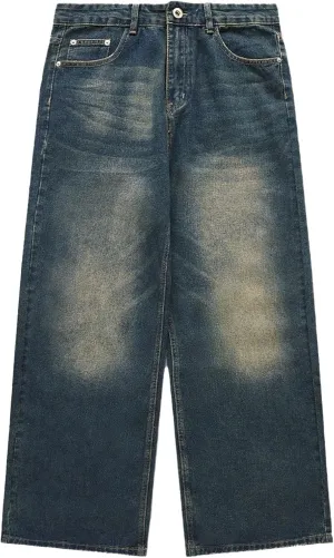 Men's Loose Hip Hop Jeans Straight Retro Relaxed Fit Denim Pants Classic Vintage Plain Washed Baggy Jean
