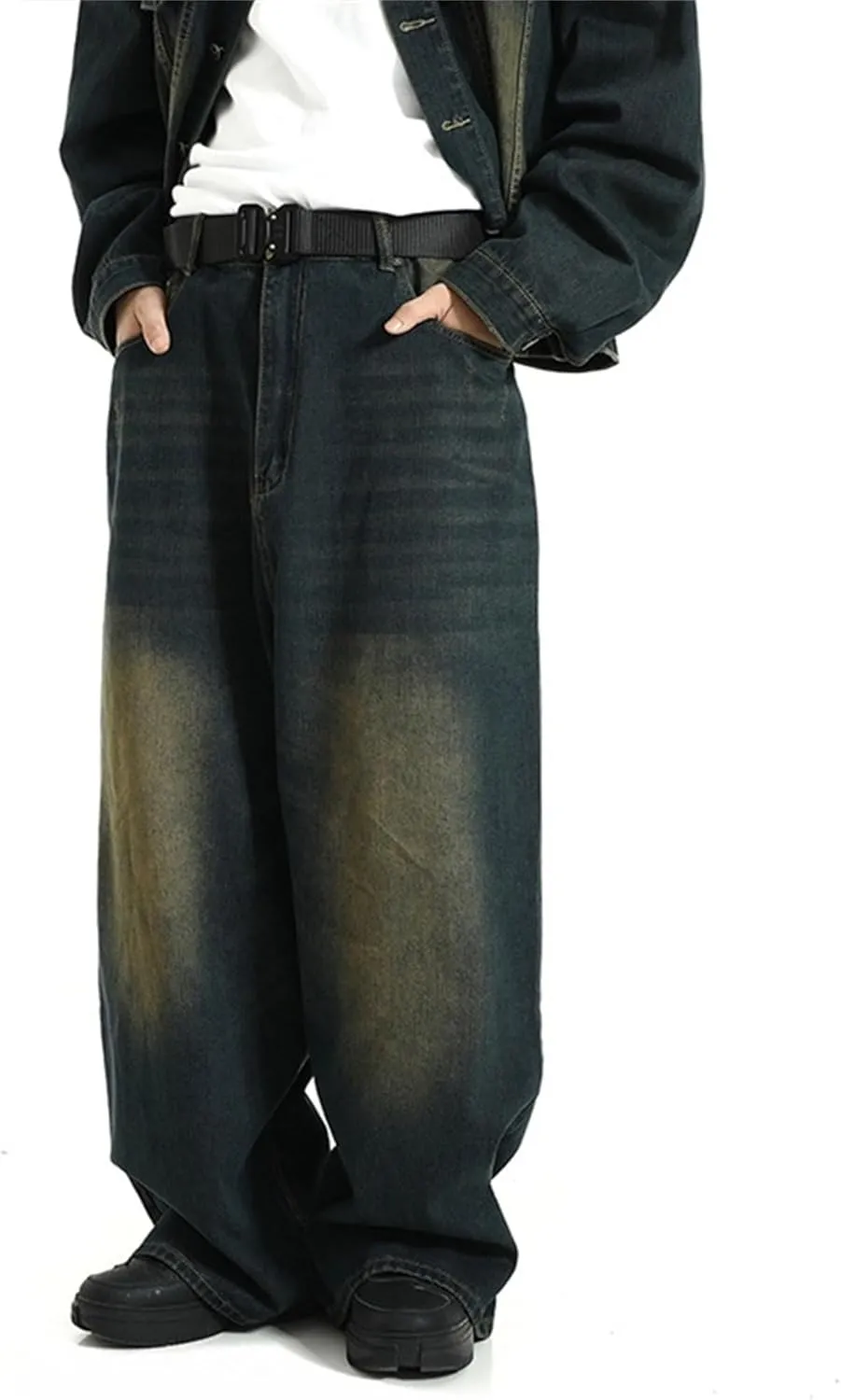Men's Loose Hip Hop Jeans Straight Retro Relaxed Fit Denim Pants Classic Vintage Plain Washed Baggy Jean
