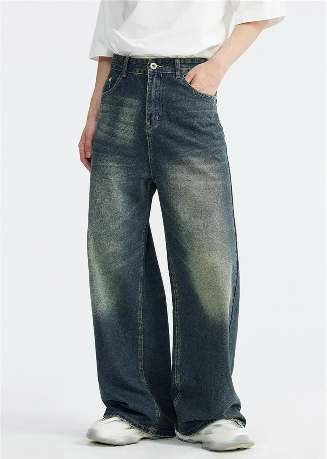 Men's Loose Hip Hop Jeans Straight Retro Relaxed Fit Denim Pants Classic Vintage Plain Washed Baggy Jean