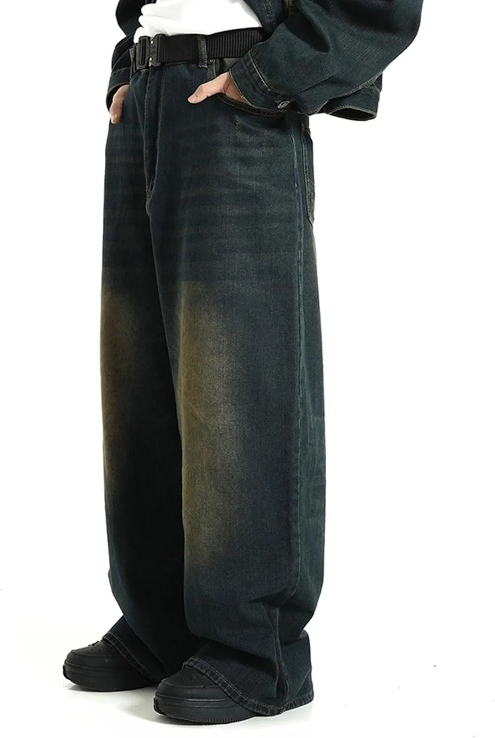 Men's Loose Hip Hop Jeans Straight Retro Relaxed Fit Denim Pants Classic Vintage Plain Washed Baggy Jean