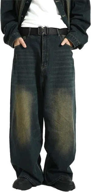 Men's Loose Hip Hop Jeans Straight Retro Relaxed Fit Denim Pants Classic Vintage Plain Washed Baggy Jean