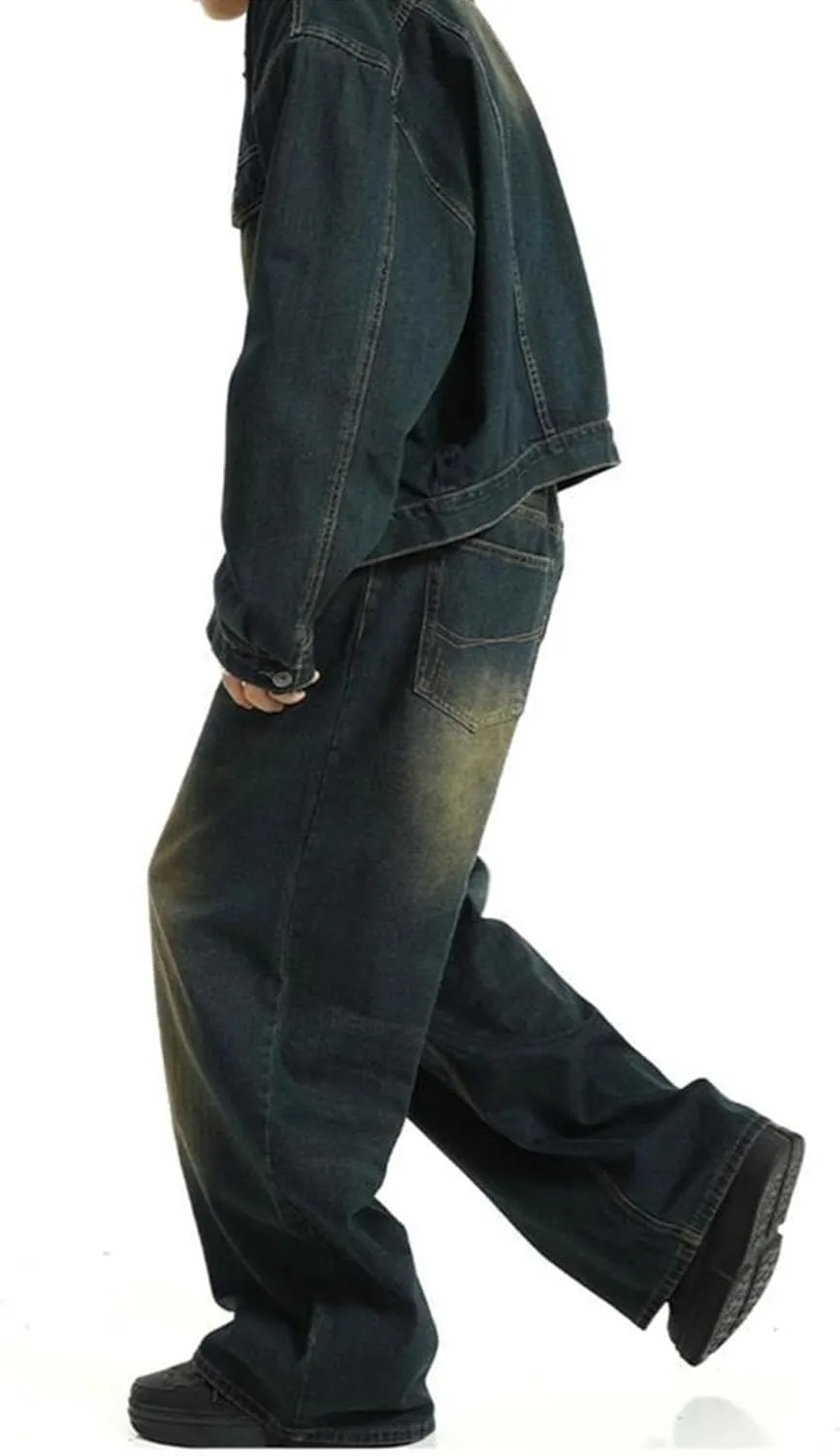 Men's Loose Hip Hop Jeans Straight Retro Relaxed Fit Denim Pants Classic Vintage Plain Washed Baggy Jean