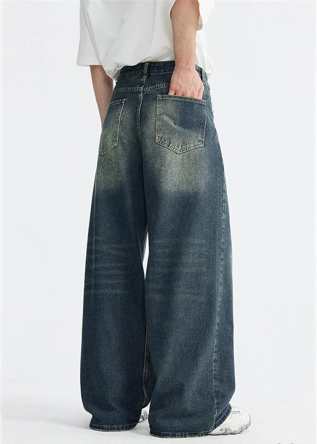 Men's Loose Hip Hop Jeans Straight Retro Relaxed Fit Denim Pants Classic Vintage Plain Washed Baggy Jean