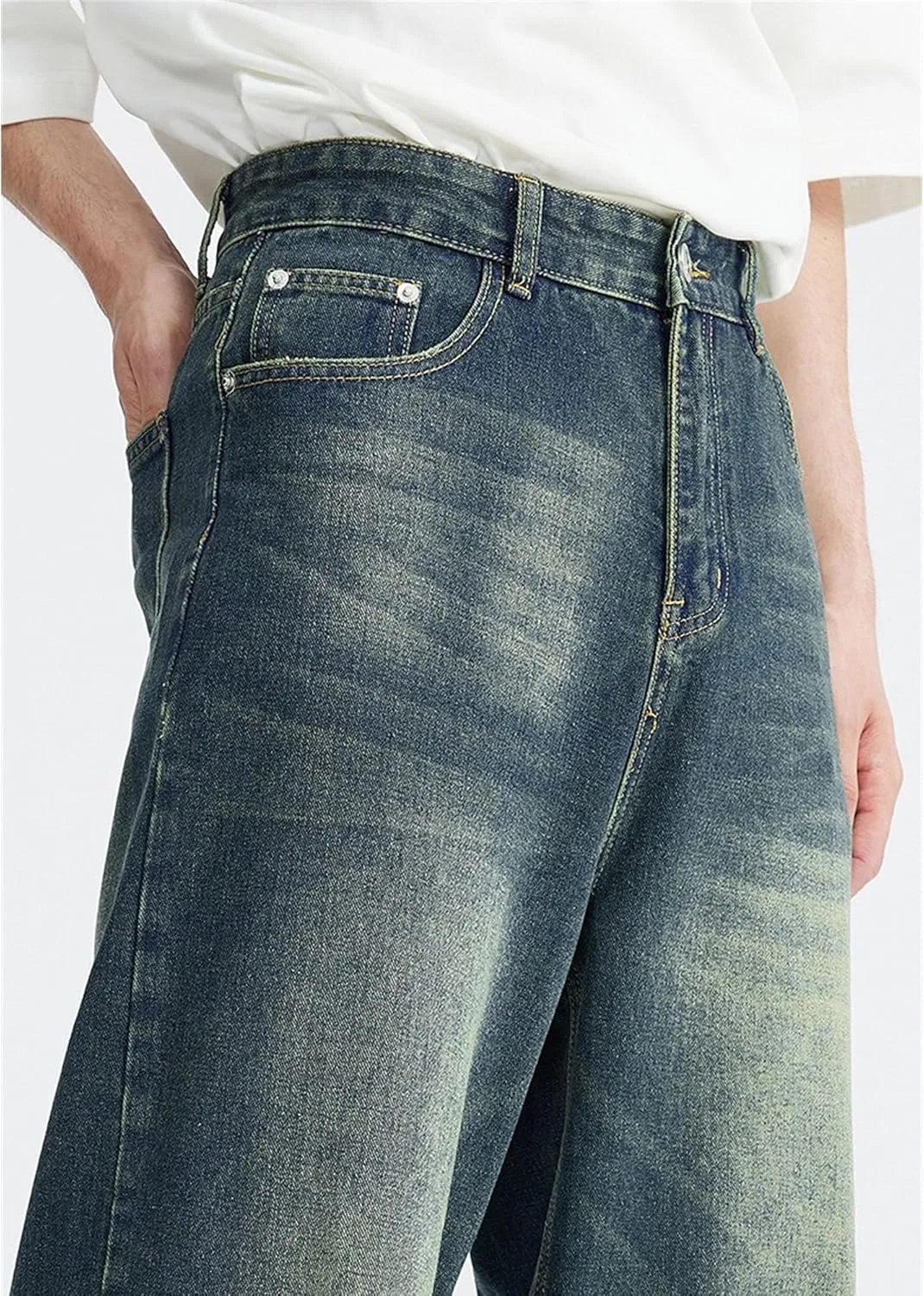 Men's Loose Hip Hop Jeans Straight Retro Relaxed Fit Denim Pants Classic Vintage Plain Washed Baggy Jean