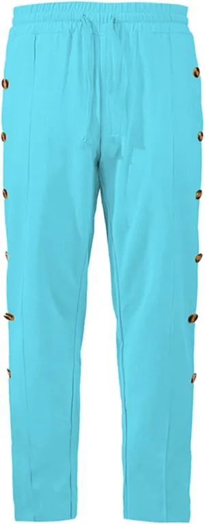 Mens Loose Side Button Pants Casual Straight Leg Elastic HIgh Waist Linen Trousers Breathable Summer Beach Yoga Pants
