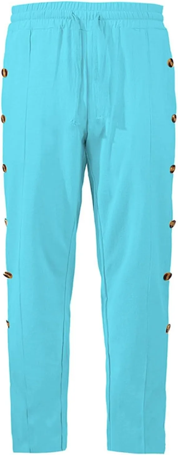 Mens Loose Side Button Pants Casual Straight Leg Elastic HIgh Waist Linen Trousers Breathable Summer Beach Yoga Pants