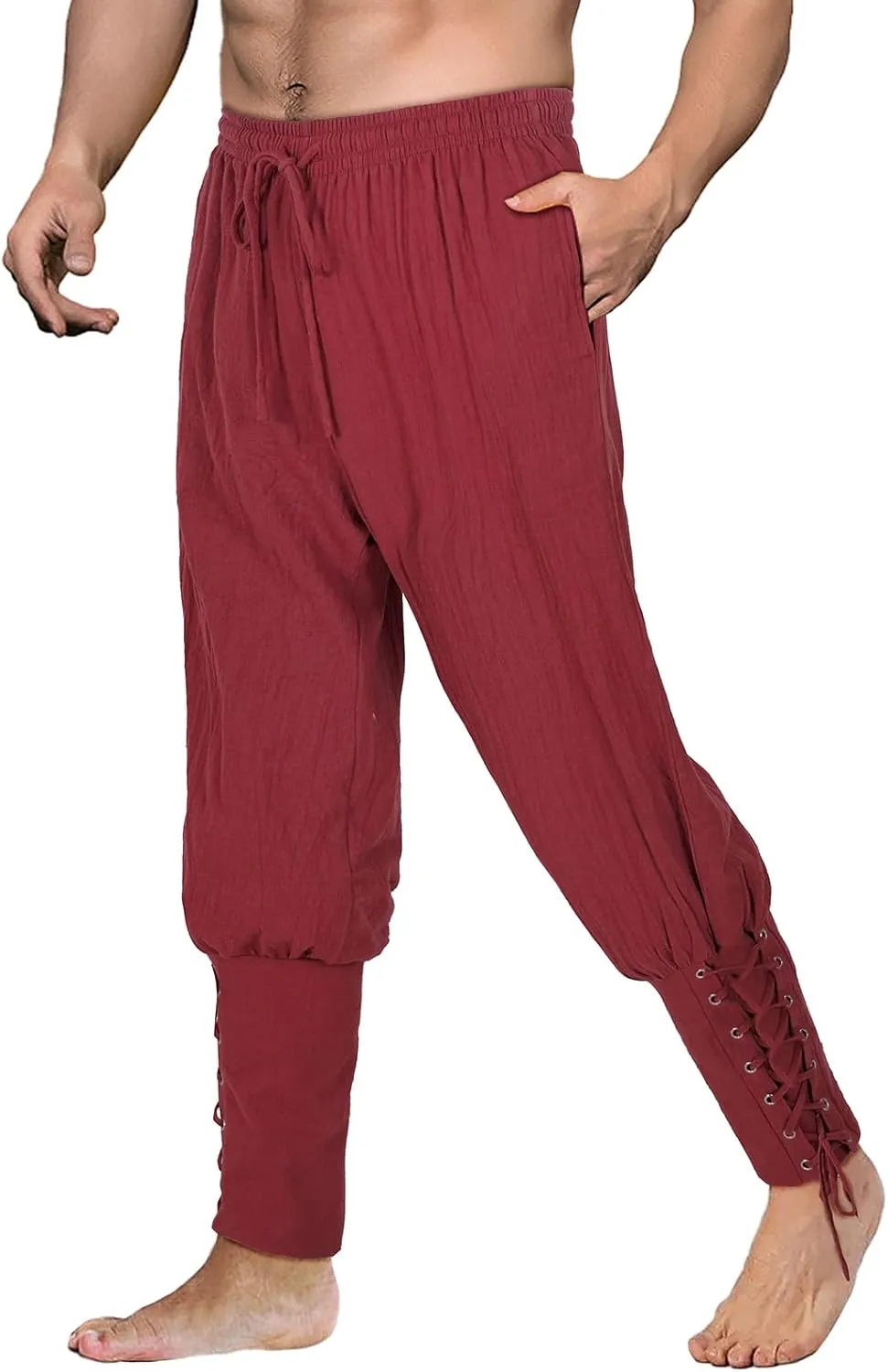 Men's Pirate Pants Renaissance Medieval Viking Pants Linen Ankle Banded Trousers Halloween Costume