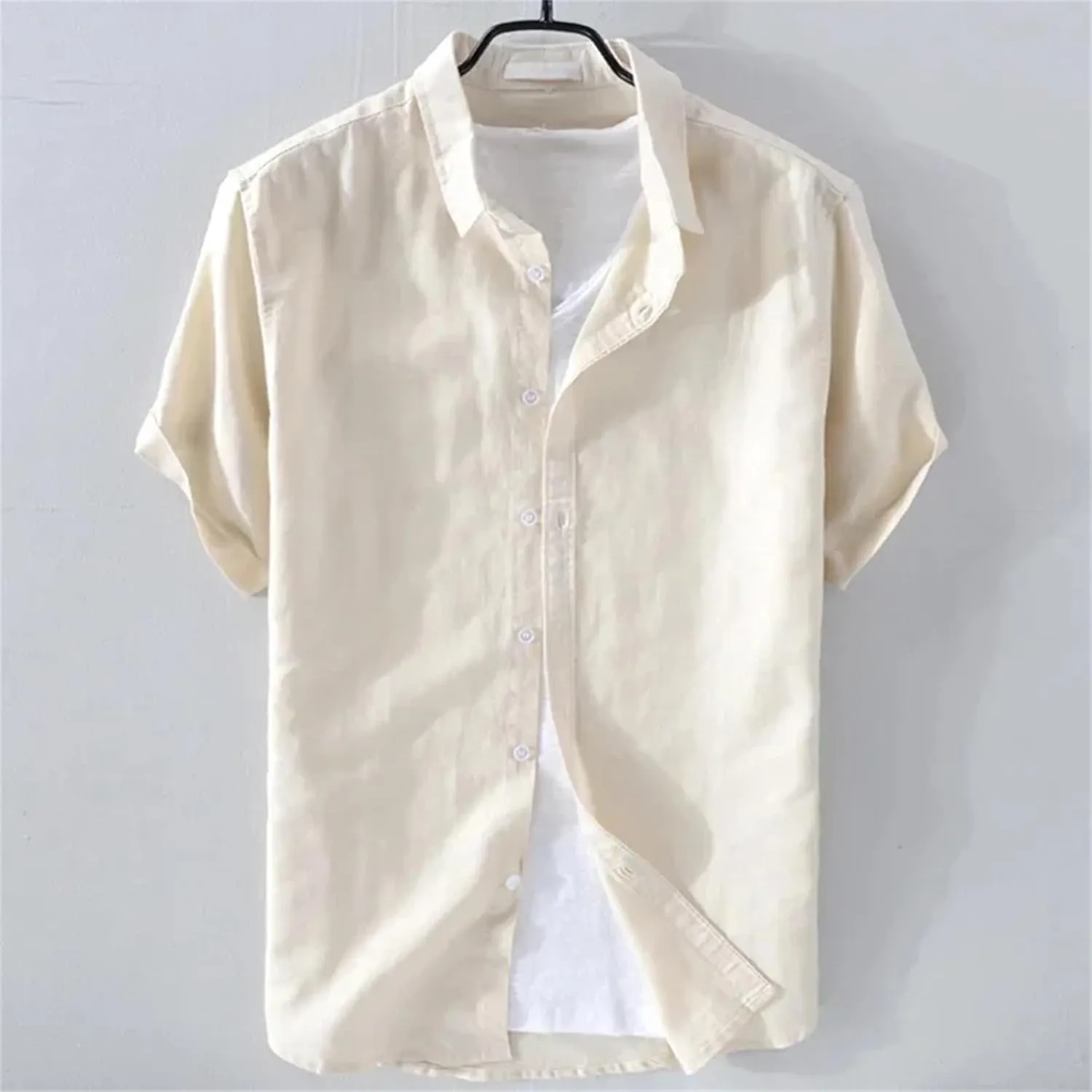 Men’s Pure Linen Short Sleeve Shirt for Men Casual Half Sleeve Cotton Linen Fabric White Color Men's Wear Top