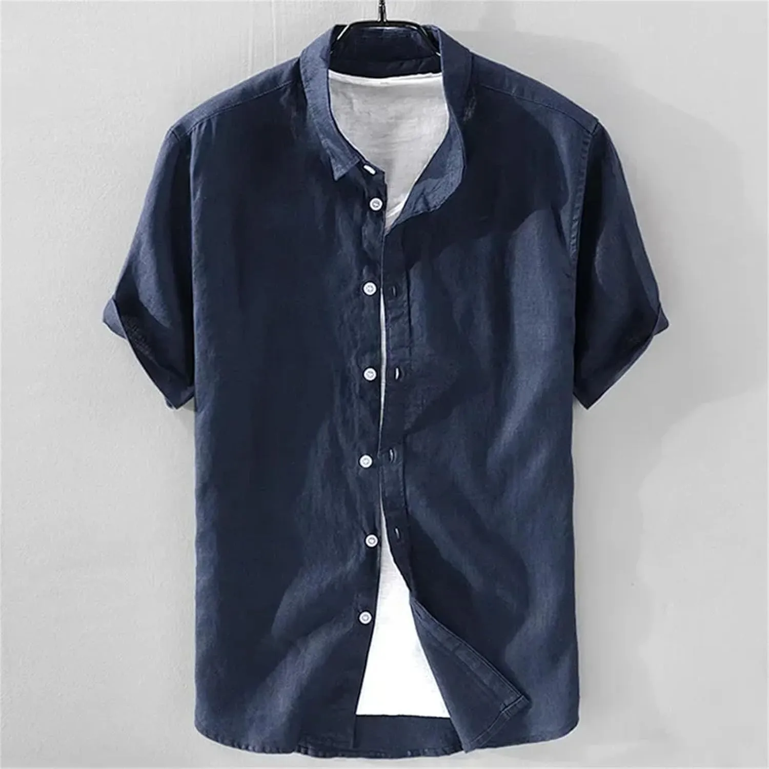 Men’s Pure Linen Short Sleeve Shirt for Men Casual Half Sleeve Cotton Linen Fabric White Color Men's Wear Top
