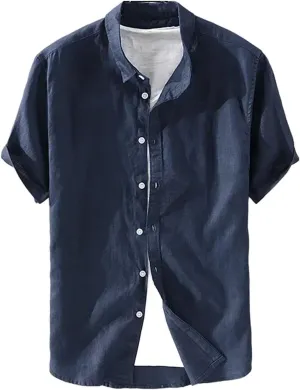 Men’s Pure Linen Short Sleeve Shirt for Men Casual Half Sleeve Cotton Linen Fabric White Color Men's Wear Top