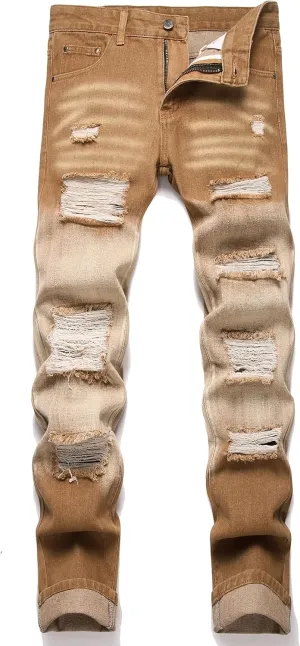 Men's Ripped Distressed Destroyed Straight Fit Washed Denim Jeans Pants