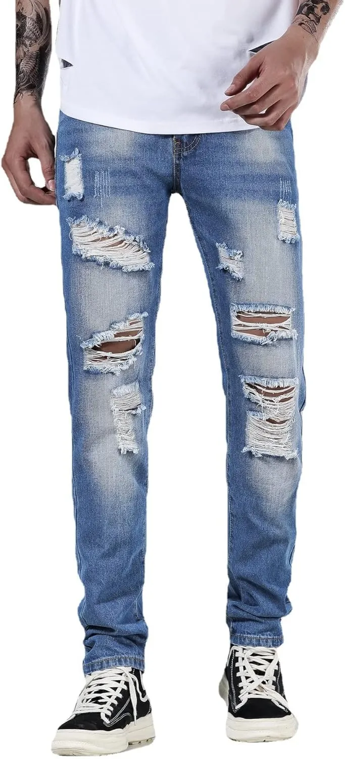Men's Ripped Distressed Destroyed Straight Fit Washed Denim Jeans Pants