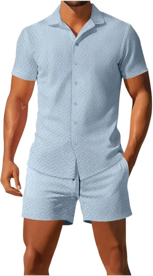 Men's Short Sets Outfits 2 Piece Summer Tracksuit Men Stylish Textured Holiday Suits Button down Shirts and Shorts
