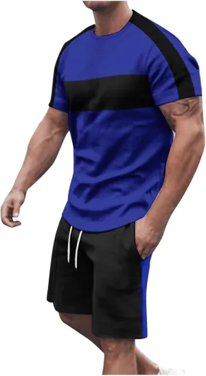 Mens Short Sleeve and Shorts Sets Two Piece Outfits Fashion Color Block Summer Tracksuit Men Workout Running Gym Wear