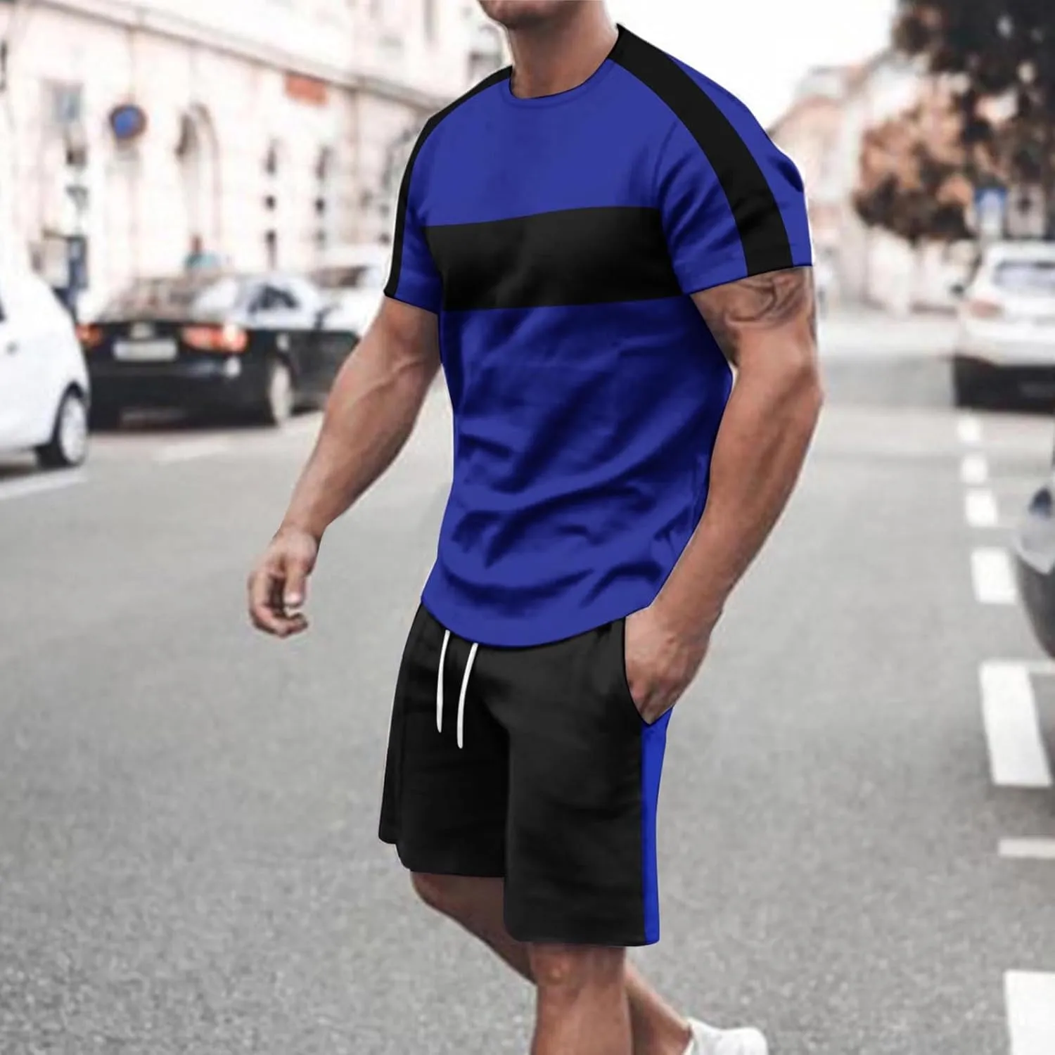 Mens Short Sleeve and Shorts Sets Two Piece Outfits Fashion Color Block Summer Tracksuit Men Workout Running Gym Wear