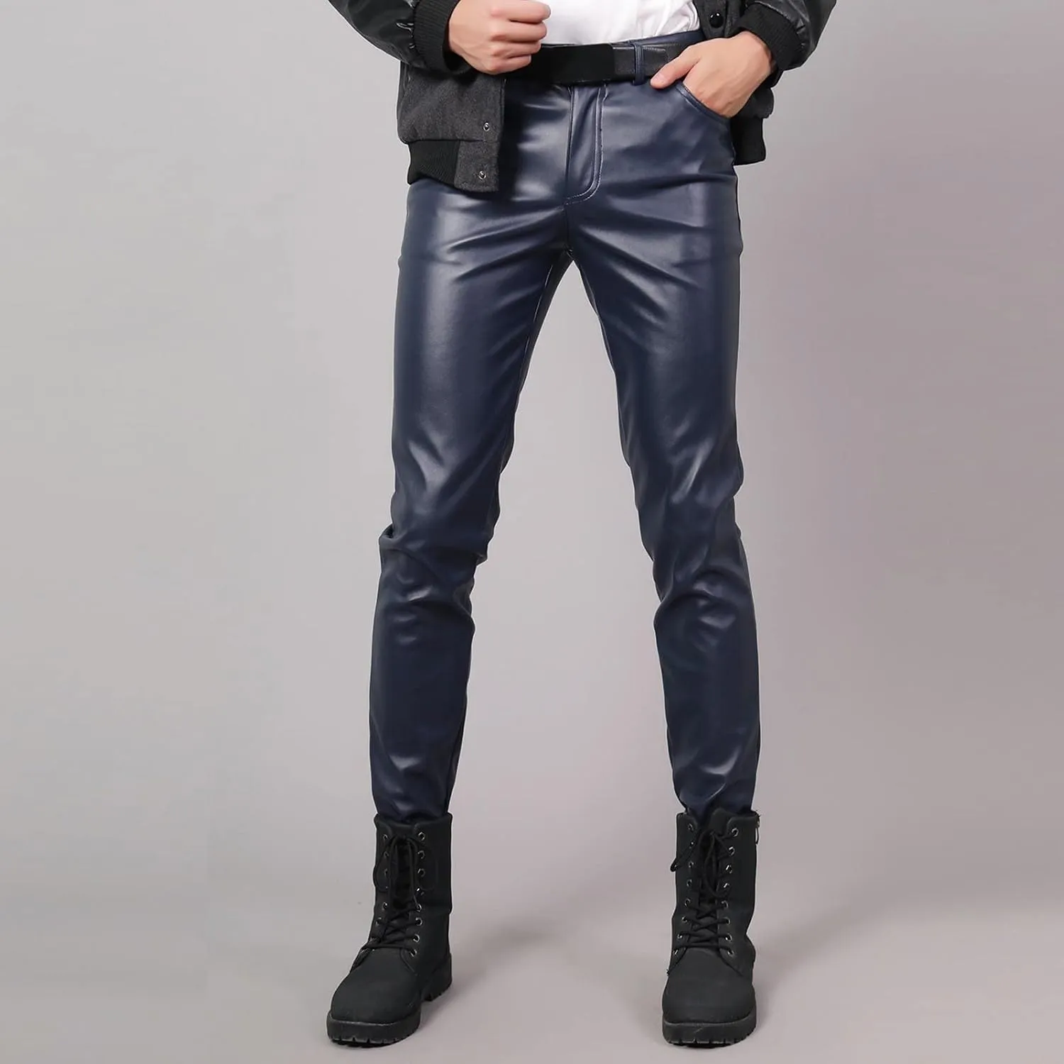 Mens Slim Fitting Leather Pants Leggings Tight Elastic Trend Motorcycle Leather Pants Moccasins