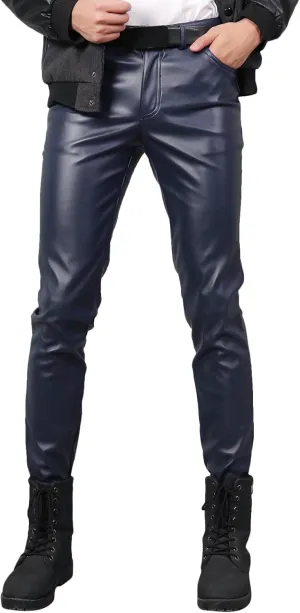 Mens Slim Fitting Leather Pants Leggings Tight Elastic Trend Motorcycle Leather Pants Moccasins