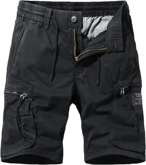Mens Stretch Shorts Classic Fit Cotton Drawstring Multi Pockets Solid Cargo Shorts Fashion Work Tooling Shorts