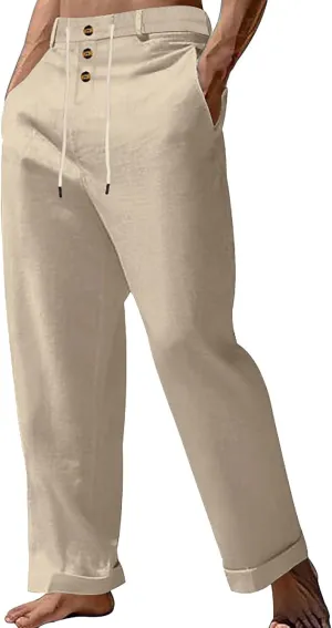 Mens Summer Beach Linen Pants Drawstring Elastic Waist Button Down Casual Trousers Lightweight Loose Fit Yoga Pants