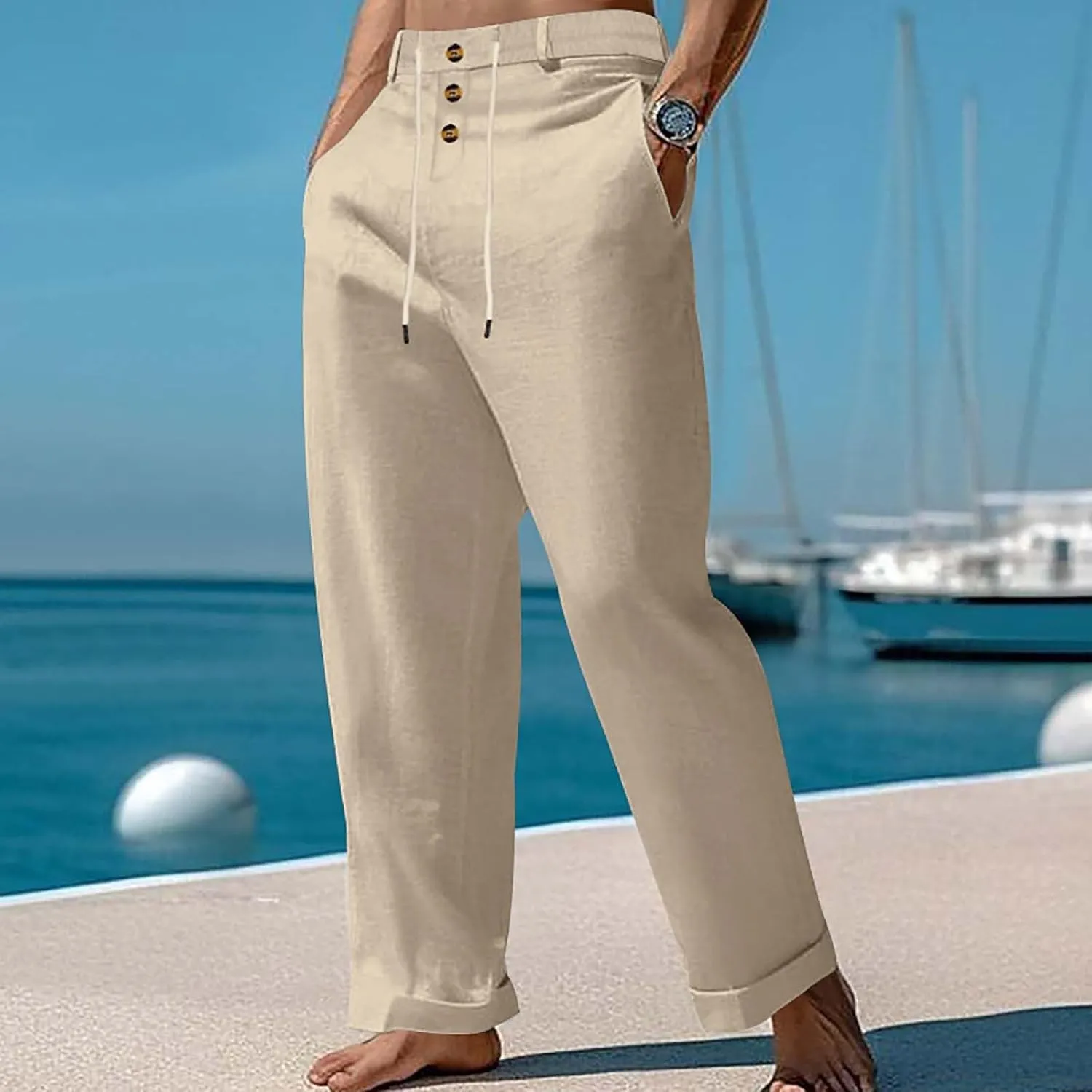Mens Summer Beach Linen Pants Drawstring Elastic Waist Button Down Casual Trousers Lightweight Loose Fit Yoga Pants