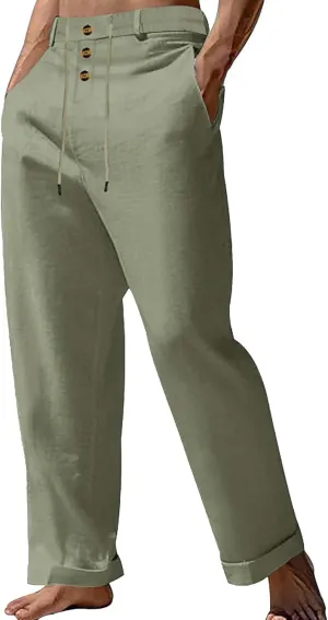Mens Summer Beach Linen Pants Drawstring Elastic Waist Button Down Casual Trousers Lightweight Loose Fit Yoga Pants