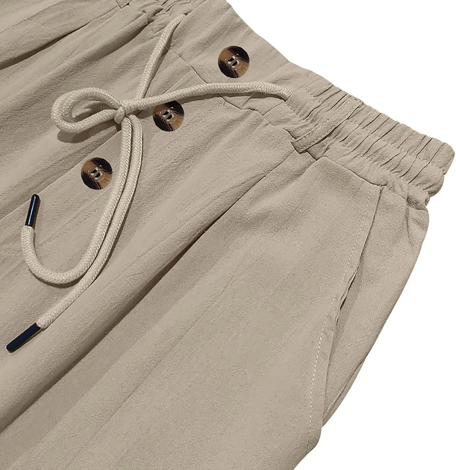 Mens Summer Beach Linen Pants Drawstring Elastic Waist Button Down Casual Trousers Lightweight Loose Fit Yoga Pants