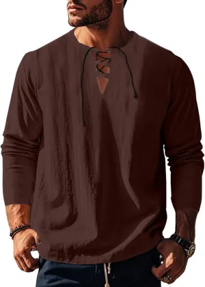 Men's Summer Cotton Linen Shirt V-Neck Drawstring Long Sleeve Beach Shirt Solid Color Casual Hollow-Out Blouses