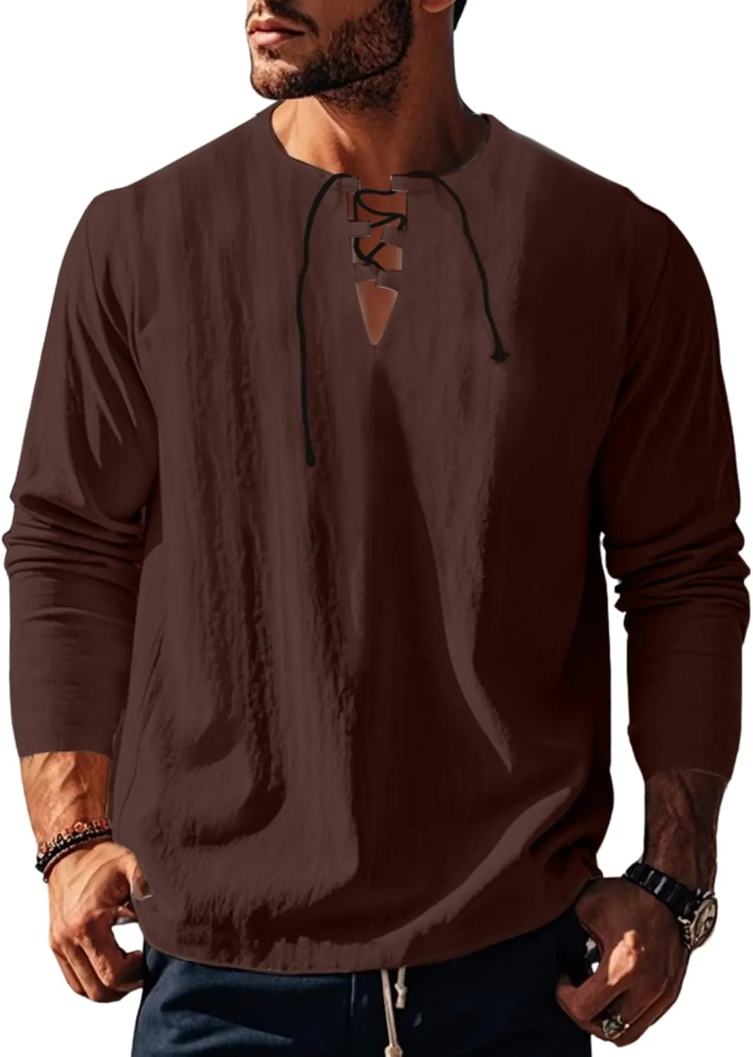 Men's Summer Cotton Linen Shirt V-Neck Drawstring Long Sleeve Beach Shirt Solid Color Casual Hollow-Out Blouses