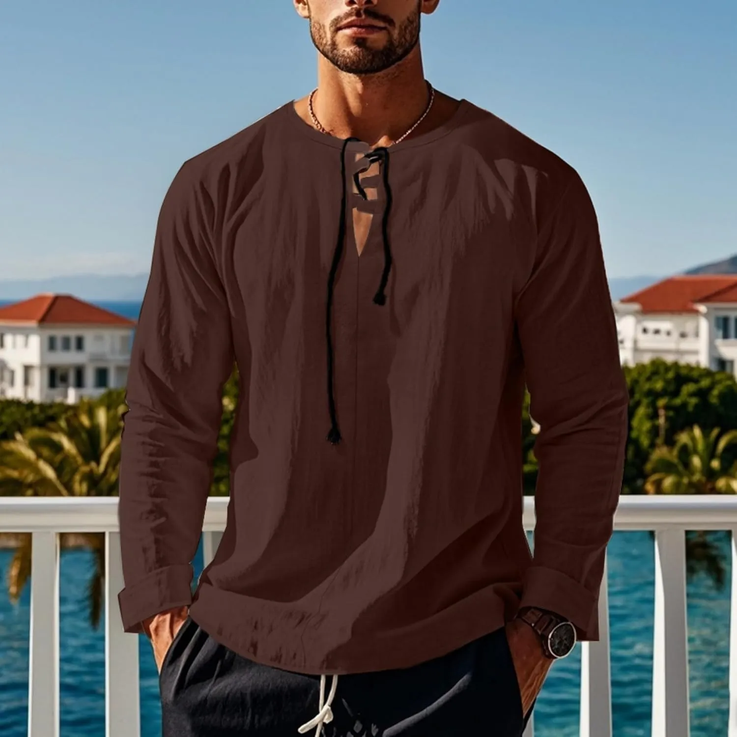 Men's Summer Cotton Linen Shirt V-Neck Drawstring Long Sleeve Beach Shirt Solid Color Casual Hollow-Out Blouses