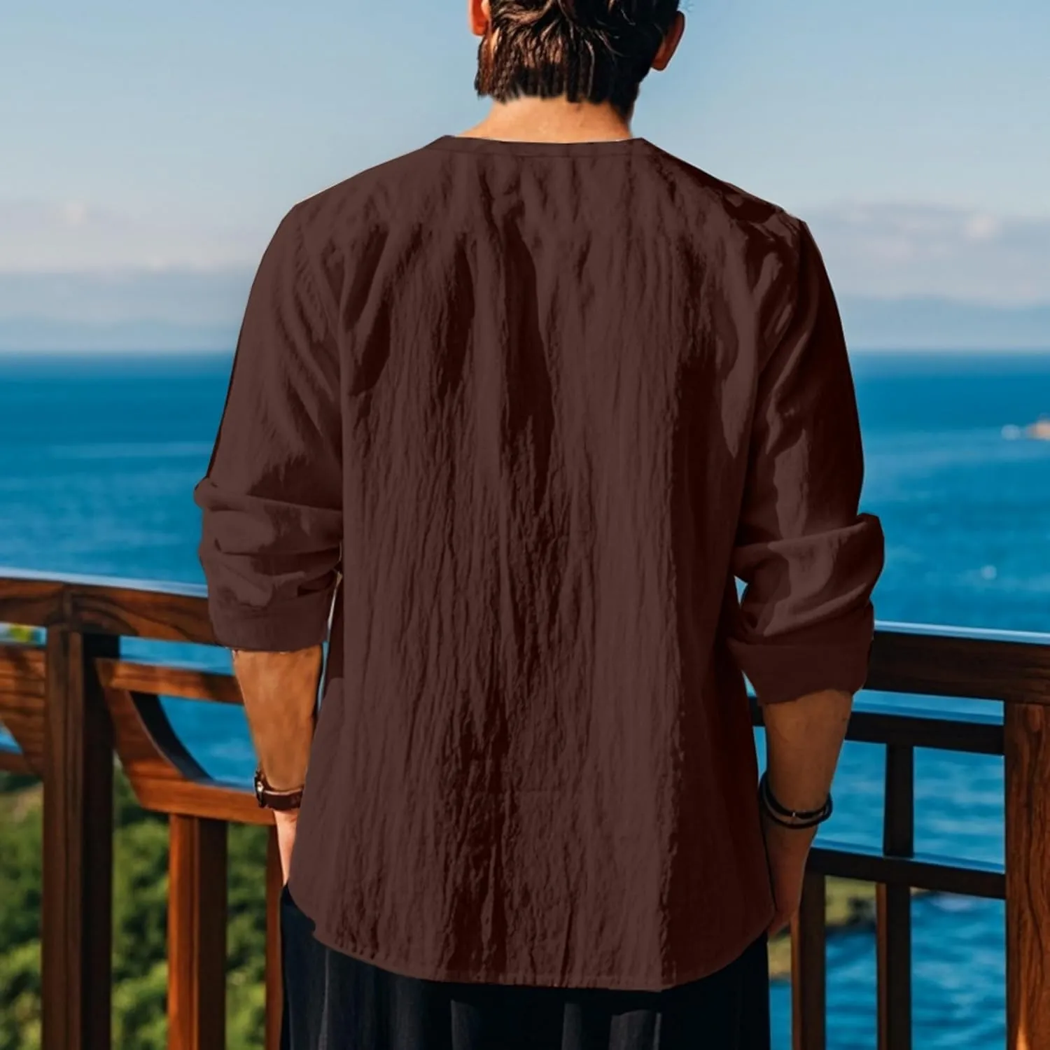 Men's Summer Cotton Linen Shirt V-Neck Drawstring Long Sleeve Beach Shirt Solid Color Casual Hollow-Out Blouses