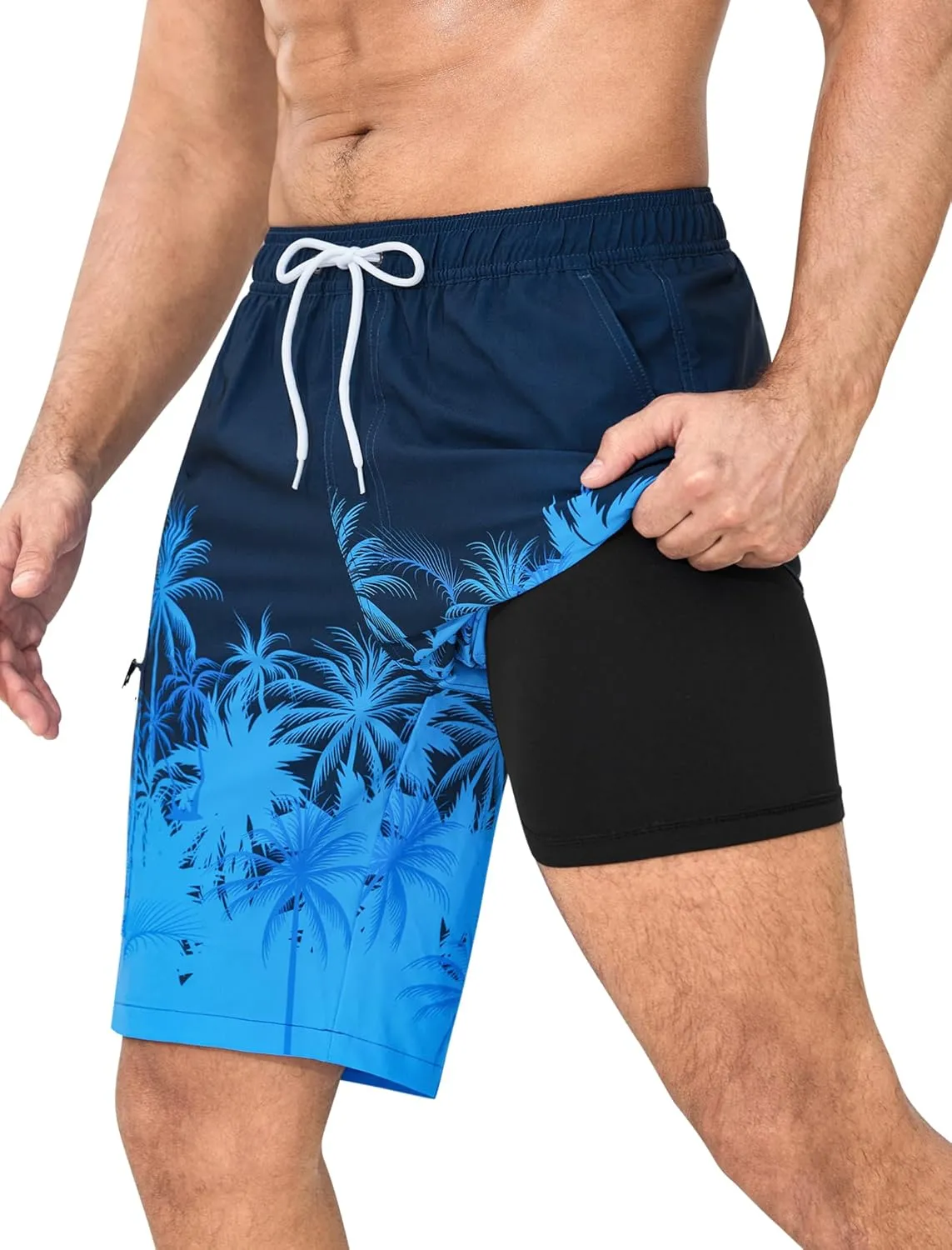 Mens Swim Trunks with Compression Liner Zipper Cargo Pockets Bathing Suit 9 Inch Quick-Dry Swimming Shorts